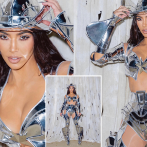 Kim Kardashian wows in metallic ‘CowBot’ costume complete with armor-like chaps and hat for sister Kendall Jenner’s Halloween bash