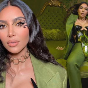 Kim Kardashian Goes Green in Latest PH๏τoshoot Wearing Vintage Jean Paul Gaultier Green Suit, Luis De Javier SS21 Flame Corset Bodysuit, and Amina Muaddi Green Crystal Pumps