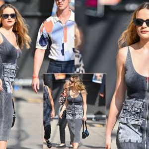 Joey King looks stylish in a grey corduroy dress as she arrives for an appearance on ‘Jimmy Kimmel Live!’ in Hollywood, California