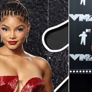 Halle Bailey puts on a busty display in scarlet strapless dress while posing on the red carpet at 2024 MTV VMAs