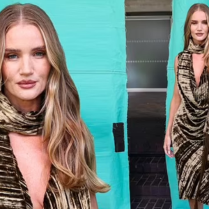 Rosie Huntingon-Whiteley exudes glamour in a plunging scarf detail gold midi dress as she attends Burberry runway show amid LFW Rosie Huntingon-Whiteley exudes glamour in a plunging scarf detail gold midi dress as she attends Burberry runway show amid LFW
