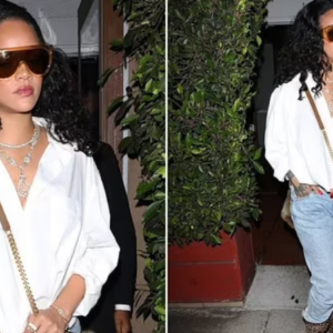 Rihanna keeps it stylish in white blouse and jeans as she exits her favorite restaurant in Santa Monica