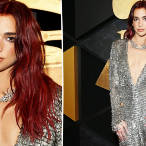 Dua Lipa sparkles on the Grammys 2024 red carpet in a low-cut silver gown
