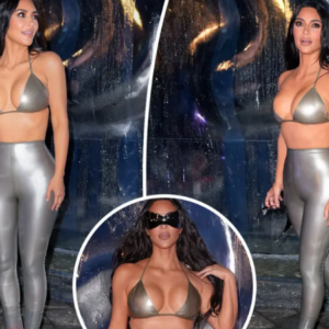 Kim Kardashian sizzles in silver bra and leggings for Skims pop-up