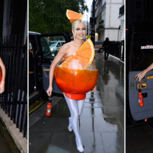 Pixie Lott goes all out for Halloween by dressing up as an Aperol Spritz as she arrives at exclusive Mayfair members club for lavish bash