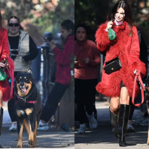 Emily Ratajkowski flashes leg in glam red coat as she walks her dog in New York City