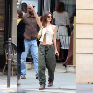 Emily Ratajkowski flashes her toned abs in a beige vest and cargo pants while stepping out for lunch at L Avenue in Paris, France