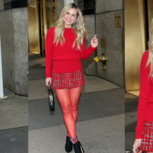 Candace Cameron Bure wears all red as she promotes her new film Home Sweet Christmas in NYC