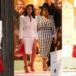 Kim Kardashian displays legs in red fishnet stockings and chic power suit on set of Ryan Murphy show All’s Fair