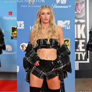 Lioness Chloe Kelly looks incredible in a cropped bandeau top and thigh-high boots on the red carpet at MTV EMAS