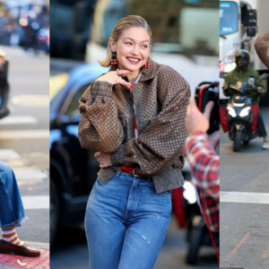 Gigi Hadid turns heads in a red rugby shirt and a trendy bomber jacket as she films glamorous Maybelline advert in the street in New York City