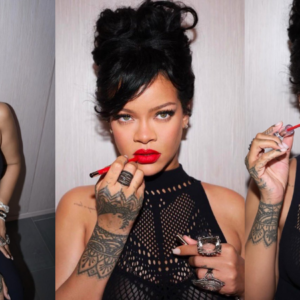 Rihanna puts on a sultry display in see-through mesh dress and red lipstick for Fenty Beauty