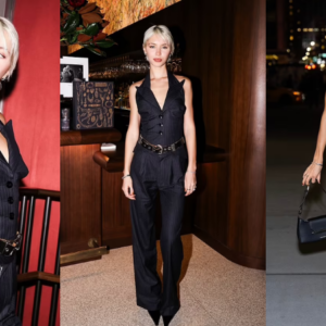 Iris Law turns heads in a stylish black pinstriped jumpsuit as she attends a luxury party in Manhattan