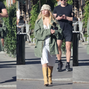 Addison Rae is casually chic in a white dress and green jacket while out to lunch with friends in Los Feliz