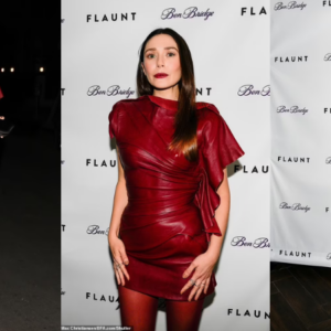 Elizabeth Olsen channels her Marvel character Wanda as she puts on a leggy display in red leather mini dress and matching тιԍнтs