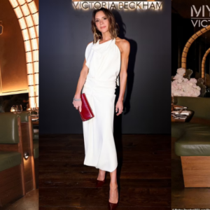 Victoria Beckham looks ageless in a chic backless white dress as she attends dinner with Mytheresa in NY to celebrate the launch of her new party season collection