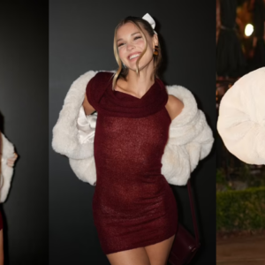 Joy Corrigan goes braless while modeling see-through dress at a holiday party in LA