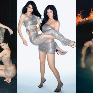 Kylie Jenner is straddled by model Amelia Gray as they don skimpy silver sequin outfits in sizzling snaps for her clothing brand Khy