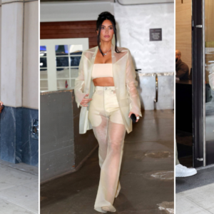 Kim Kardashian looks stylish in a see-through cream suit in New York City