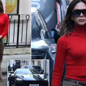 Victoria Beckham cuts a stylish figure in a red jumper and brown trousers as she heads to her Dover Street store in her flashy £227,000 Ferrari