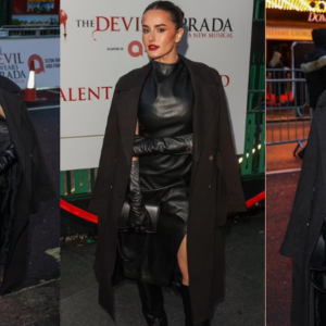 Amber Davies sets pulses racing in a leather dress and matching gloves as she arrives at The Devil Wears Prada: The Musical opening night